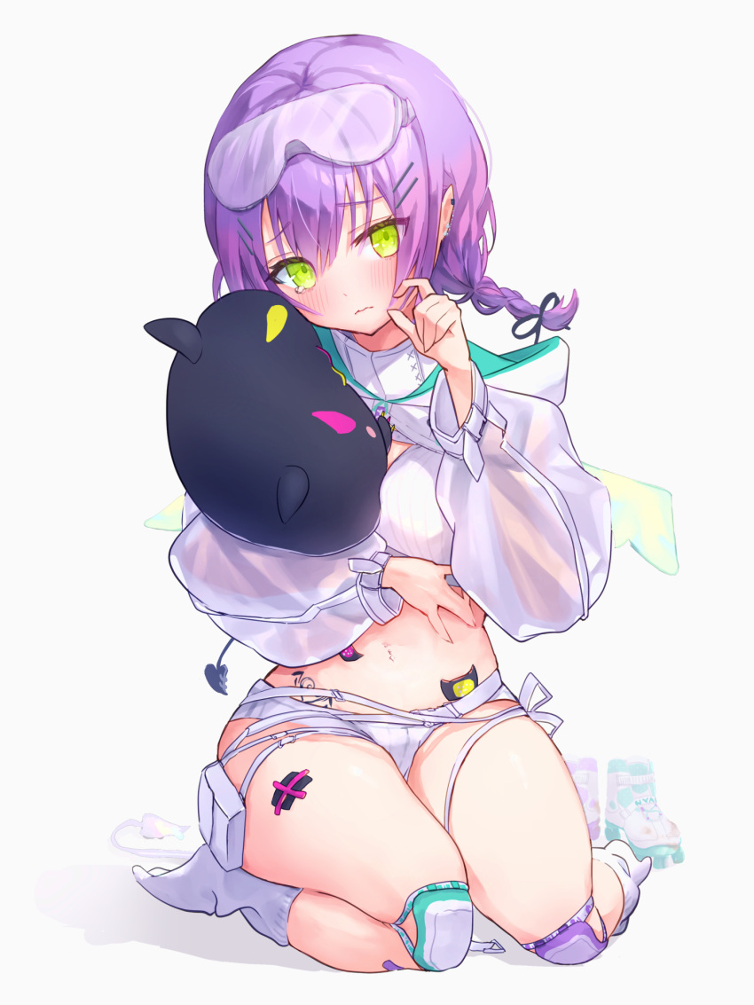 bibi_(tokoyami_towa) blush braid demon_girl demon_tail demon_wings ear_piercing female goggles goggles_on_head green_eyes hair_ornament hair_ribbon hairclip highres hip_tattoo hololive hooded_shrug long_sleeves looking_at_viewer multicolored_hair navel navel_piercing nekoponchiar official_alternate_costume on_floor piercing pink_hair purple_hair ribbed_bandeau ribbon roller_skates short_shorts shorts sitting skates snow_goggles socks solo stomach strapless tail tail_ornament tail_piercing tearing_up thick_thighs thighs tokoyami_towa tokoyami_towa_(5th_costume) tube_top twin_braids twintails virtual_youtuber white_shrug white_socks white_tube_top winged_heart_tattoo wings