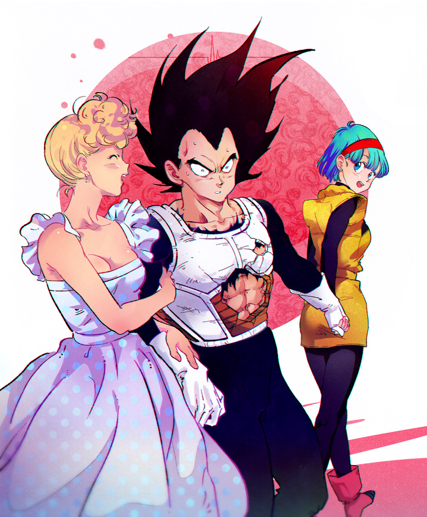 1boy 2girls amachu_a aqua_hair arm_grab armor bikini_(dragon_ball) black_eyes black_hair blonde_hair blue_eyes boots breasts broken_armor bulma_briefs cleavage commentary_request constricted_pupils dragon_ball dragon_ball_z dress gloves hairband highres holding_hands long_dress medium_breasts medium_hair mother_and_daughter multiple_girls red_hairband short_hair sweat vegeta white_dress white_gloves