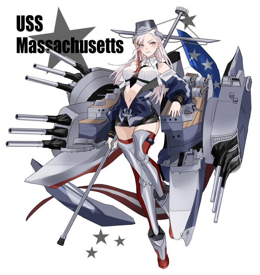 american_flag black_necktie black_skirt blue_jacket breasts character_name female flag full_body hair_ornament headgear highres holding holding_flag ichimonme_(ichi) jacket kantai_collection large_breasts long_hair long_sleeves massachusetts_(kancolle) multicolored_hair necktie pencil_skirt red_eyes red_hair rigging simple_background skirt solo star_(symbol) star_hair_ornament streaked_hair thighhighs turret white_background white_hair