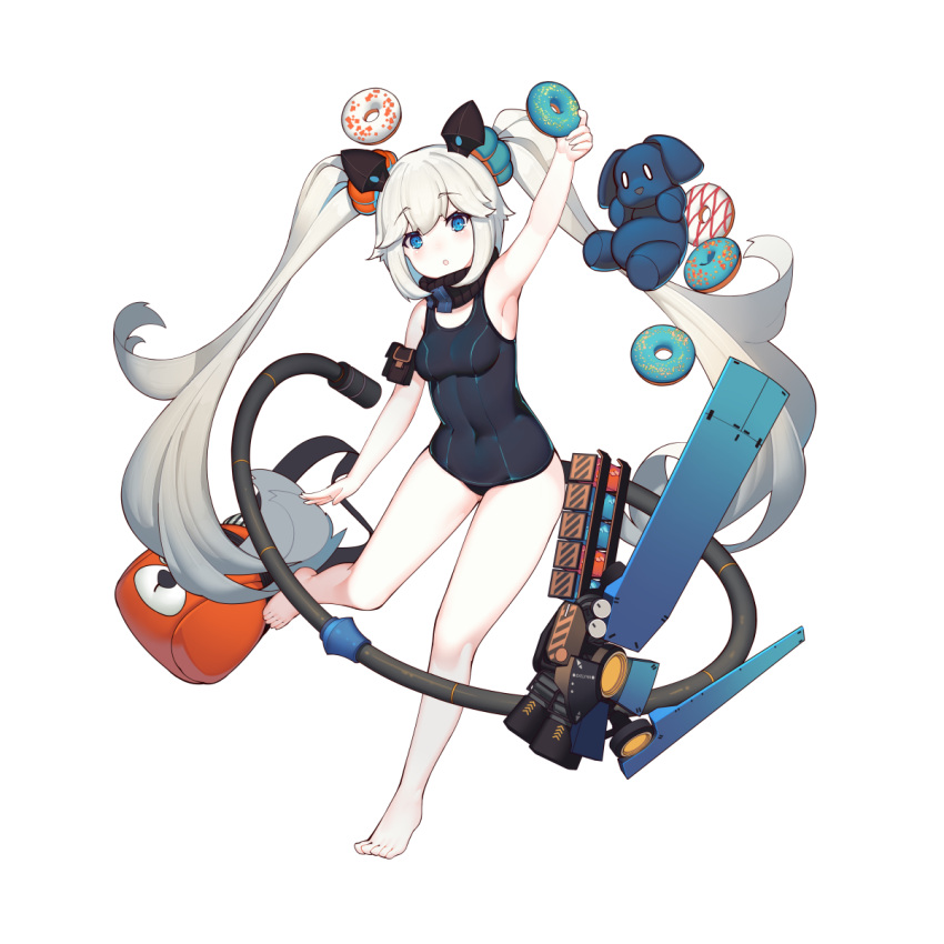 alternate_costume animal_ears arm_pouch armpits arrow_(symbol) artist_request bag bare_arms bare_legs black_collar black_one-piece_swimsuit blue_eyes breasts cable collar covered_navel detached_collar evelynn_(final_gear) fake_animal_ears female final_gear floating floating_object full_body hair_ornament hair_tie highres holding_doughnut knees leg_up light_blush long_hair looking_at_viewer mecha_musume new_school_swimsuit no_shoes official_art one-piece_swimsuit open_mouth pale_skin school_swimsuit sidelocks simple_background small_breasts solo stuffed_animal stuffed_toy swimsuit tachi-e third-party_source transparent_background twintails very_long_hair white_hair