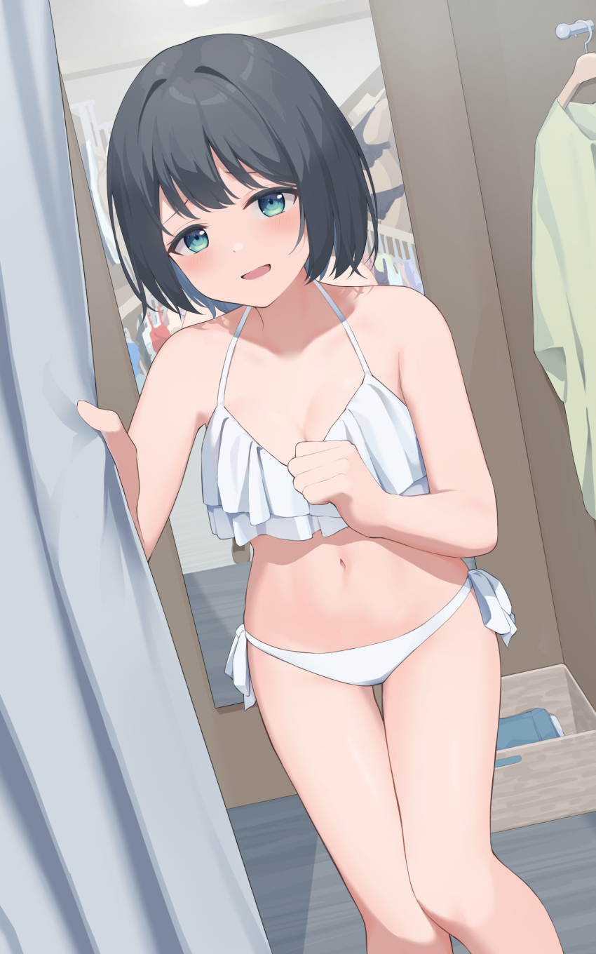 absurdres bikini black_hair blue_eyes commentary_request dutch_angle female fitting_room frilled_bikini frills highres hotarihotaru mirror navel original short_hair side-tie_bikini_bottom solo swimsuit thigh_gap unworn_clothes white_bikini