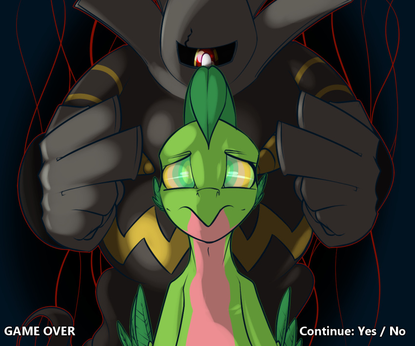 2015 5_fingers 6:5 ambiguous_gender anthro blank_stare conmanwolf cross-eyed duo dusknoir dusknoir_(eotds) english_text fingers front_view game_over gameplay_mechanics generation_3_pokemon generation_4_pokemon green_body green_skin grovyle grovyle_the_thief hypnosis leaf leaf_hair looking_at_viewer mind_control multicolored_body nintendo pink_body pink_skin plant plant_hair pokemon pokemon_(species) pokemon_mystery_dungeon pseudo_hair red_body red_eyes ringed_eyes spike_chunsoft text two_tone_body