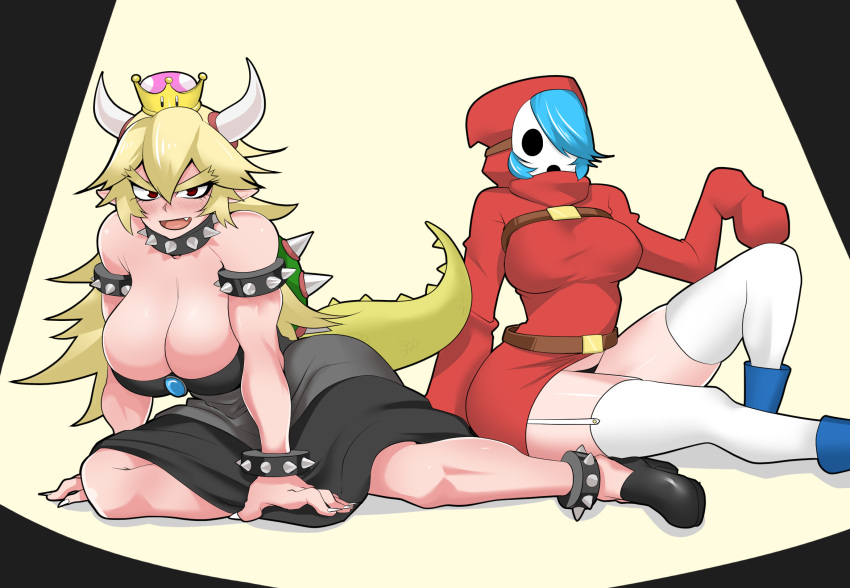 2girls :d armlet assha_(schector) belt blonde_hair blue_footwear blue_hair blush boots bowsette bracelet breasts brown_belt collar dress fingernails full_body garter_straps genderswap_(mtf) hair_between_eyes highres hood hood_up hooded_dress horns jewelry long_bangs looking_at_viewer mario_(series) masked multiple_girls new_super_mario_bros._u_deluxe oerba_yun_fang open_mouth pointy_ears red_dress rule_63 sharp_fingernails short_dress shy_gal sitting sleeves_past_fingers sleeves_past_wrists smile spiked spiked_armlet spiked_bracelet spiked_collar spiked_shell spiked_tail spikes spotlight strapless strapless_dress super_crown tail thick_eyebrows thighhighs turtle_shell white_thighhighs