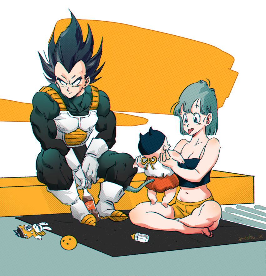 2boys :/ amachu_a armor baby baby_bottle barefoot black_camisole black_hair blue_hair boots bottle breasts bulma_briefs camisole character_doll cleavage cola commentary crop_top dragon_ball dragon_ball_(object) dragon_ball_z english_commentary father_and_son female gloves highres indian_style medium_breasts midriff monkey_tail mother_and_son multiple_boys muscular muscular_male navel orange_shorts short_shorts shorts signature sitting soda_bottle spaghetti_strap tail tongue tongue_out toninjinka trunks_(dragon_ball) vegeta white_footwear white_gloves