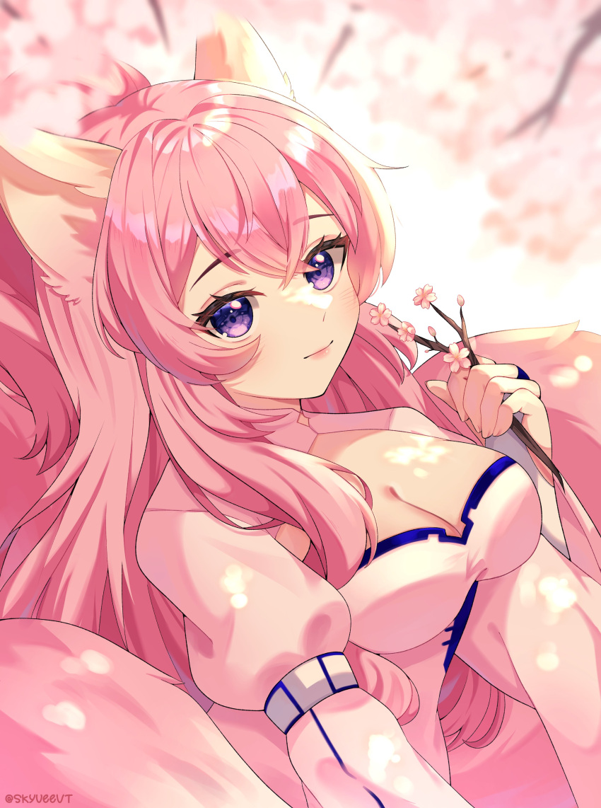 absurdres aizuke_(vtuber) animal_ears branch breasts cherry_blossoms cleavage cleavage_cutout closed_mouth clothing_cutout commission crossed_bangs dress eyelashes female fox_ears fox_girl fox_tail highres holding holding_branch indie_virtual_youtuber kitsune large_breasts long_hair multiple_tails pink_hair purple_eyes shadow skyvee_(artist) solo tail twitter_username virtual_youtuber white_dress