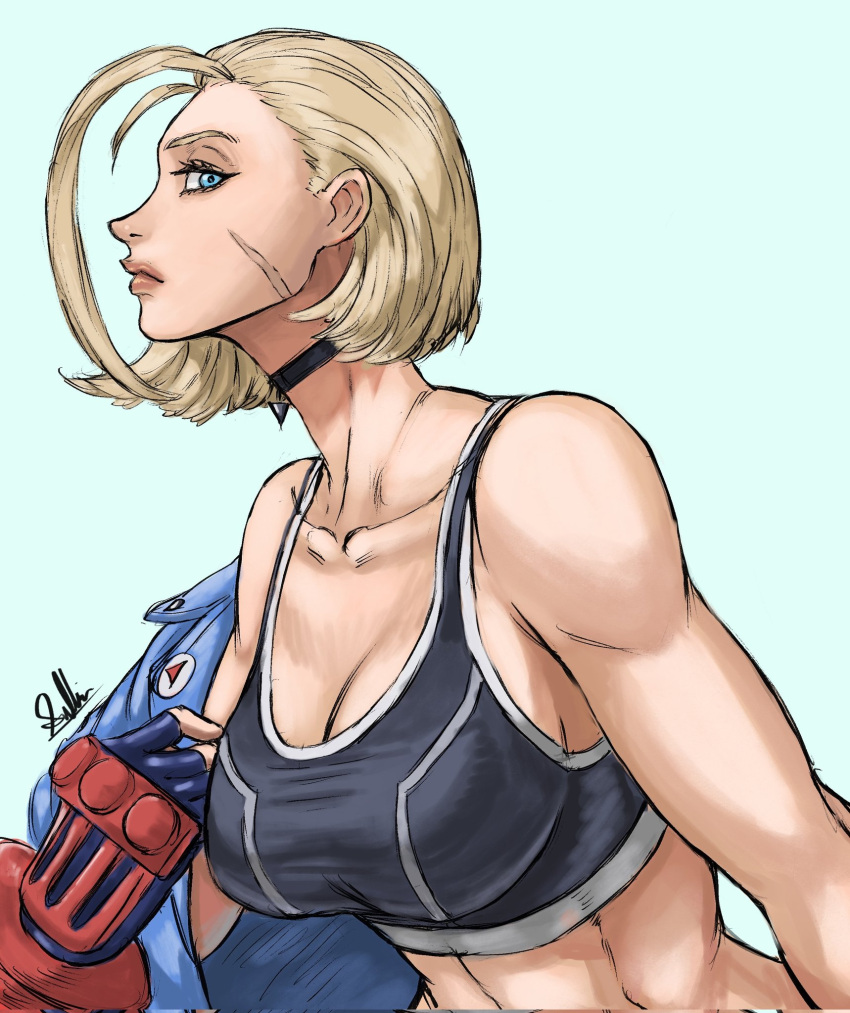 ahoge armored_gloves black_choker black_sports_bra blonde_hair blue_eyes blue_jacket breasts cammy_white choker cleavage collarbone female fingerless_gloves gloves highres huge_ahoge jacket jacket_partially_removed large_breasts leather leather_jacket linea_alba mrduck_03 scar scar_on_cheek scar_on_face short_hair signature solo sports_bra street_fighter street_fighter_6 toned_female undressing vambraces