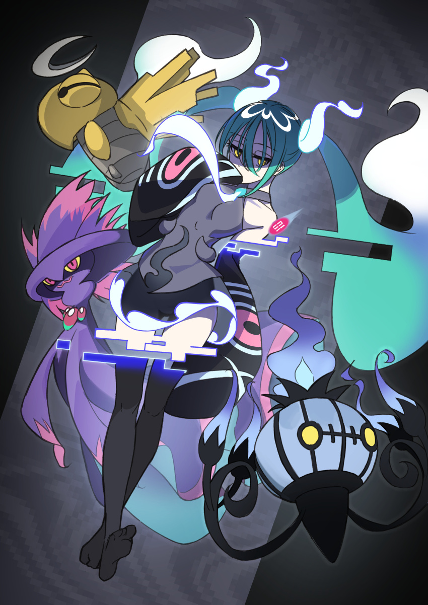 absurdres aqua_hair black_bodysuit bodysuit breasts chandelure covering_own_mouth female full_body ghost_miku_(project_voltage) glitch grey_shirt hand_up hatsune_miku highres hitodama hymgkamui long_hair looking_at_viewer mismagius no_shoes pale_skin pokemon pokemon_(creature) project_voltage shaded_face shedinja shirt sleeveless sleeveless_shirt small_breasts twintails very_long_hair vocaloid yellow_eyes