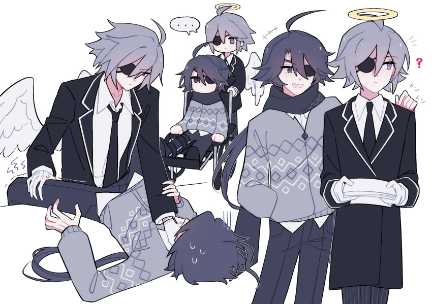 ... 2boys ? ahoge alela_grora_(funamusea) angel_wings bishounen black_coat black_hair black_necktie black_pants black_scarf closed_mouth coat collarbone collared_shirt english_commentary eyepatch funamusea genderswap_(ftm) gloves grenade72015524 grey_eyes haiiro_teien hair_between_eyes halo hand_on_another's_shoulder highres holding holding_paper huge_ahoge jacket male_focus multiple_boys multiple_views necktie outline pale_skin pants paper print_jacket red_eyes rule_63 scarf shirt short_hair simple_background sitting smile speech_bubble strangling sweat teeth wheelchair white_background white_gloves white_outline white_shirt wings wodahs_(funamusea) yaoi