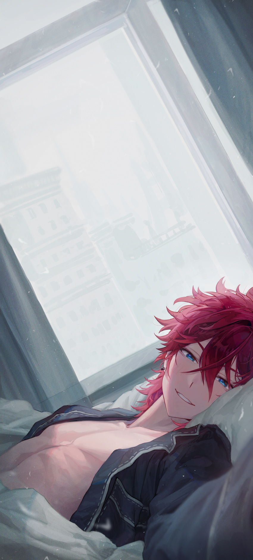 1boy absurdres amagi_rinne bare_pectorals bishounen blue_eyes breast_pocket cityscape crossed_bangs curtains earrings ensemble_stars! feathered_hair film_grain foreshortening grey_sky gugjang_b hair_between_eyes half-closed_eyes head_on_pillow highres indoors jewelry light_blush light_smile long_sleeves looking_at_viewer looking_to_the_side male_focus medium_hair mullet open_clothes open_shirt pajamas parted_lips pectorals pocket pov reaching reaching_towards_viewer red_hair ribbon_trim skinny sky solo teeth turning_head under_covers upper_body wide_shot window