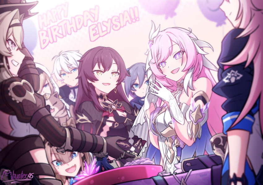 1boy 6+girls animal_ears aponia_(honkai_impact) balloon bare_shoulders black_dress blonde_hair blue_eyes blue_jacket breasts bridal_veil brown_gloves brown_hair can_(honkai_impact) cat_ears cat_girl character_name cleavage corset crystal_flower cup diamond-shaped_pupils diamond_(shape) dress earrings eden_(honkai_impact) elysia_(herrscher_of_human:_ego)_(honkai_impact) elysia_(honkai_impact) feline fu_hua gift gloves green_eyes grey_hair hair_between_eyes happy_birthday heterochromia highres honkai_(series) honkai_impact_3rd jacket jewelry kevin_kaslana large_breasts long_hair looking_at_another mhunter_45 multiple_girls open_mouth own_hands_together pardofelis pink_hair purple_eyes red_hair sakura_(honkai_impact) slit_pupils smile symbol-shaped_pupils veil very_long_hair vill-v white_corset white_gloves white_hair white_veil yae_sakura yae_sakura_(goushinnso_memento) yellow_eyes