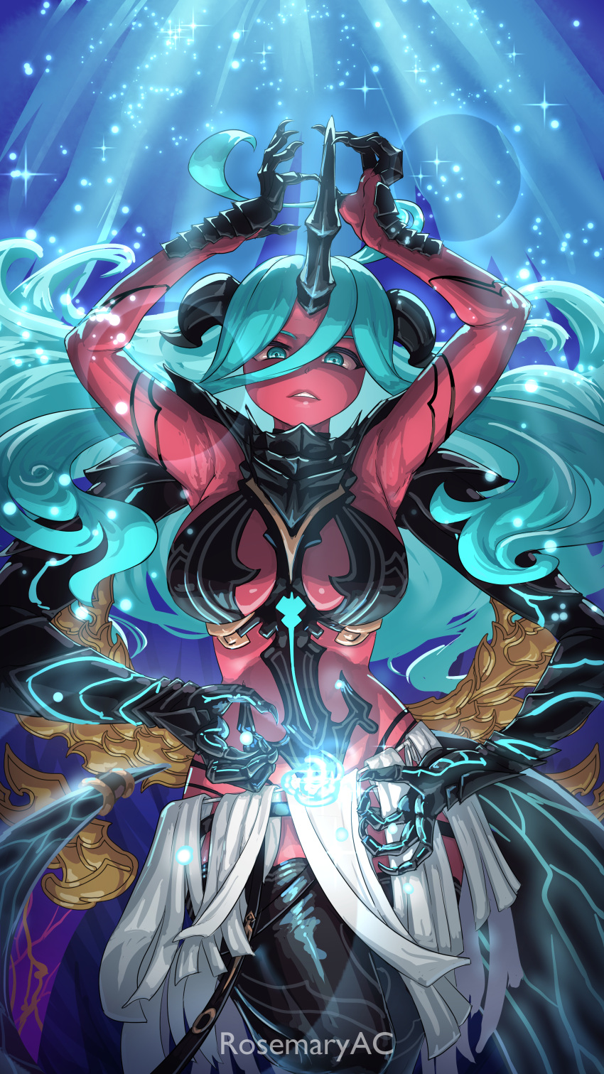 absurdres armor armpits arms_up bikini_armor black_horns blue_background blue_hair blue_light body_markings breastplate breasts colored_skin copyright_name extra_arms granblue_fantasy granblue_fantasy_versus:_rising highres horns large_breasts long_hair looking_at_viewer red_skin rosemary_ac sparkle thighhighs versusia_(granblue_fantasy_versus:_rising)