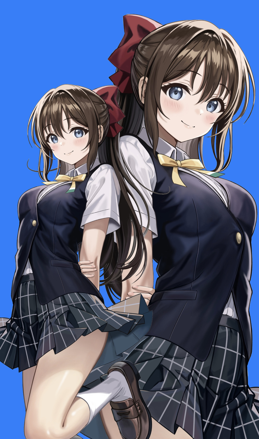 absurdres arms_behind_back black_skirt black_vest blue_background blue_eyes blush bow brown_hair closed_mouth collared_shirt commentary female hairbow half_updo highres holding_own_arm leg_up loafers long_hair looking_at_viewer love_live! love_live!_nijigasaki_high_school_idol_club multiple_views neck_ribbon nijigasaki_school_uniform osaka_shizuku plaid_clothes plaid_skirt pleated_skirt red_bow ribbon school_uniform shirt shoes short_sleeves simple_background skirt smile socks thighs vest white_shirt white_socks yellow_ribbon zaofeng