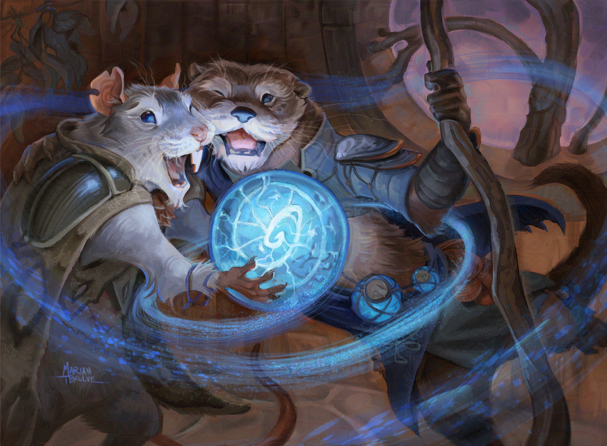 anthro brown_body detailed_background duo facial_hair fur grey_body grey_fur hasbro hi_res hug magic magic:_the_gathering male mammal mariah_tekulve mature_male moustache murid murine mustelid official_art one_eye_closed open_mouth otter rat rodent wizards_of_the_coast