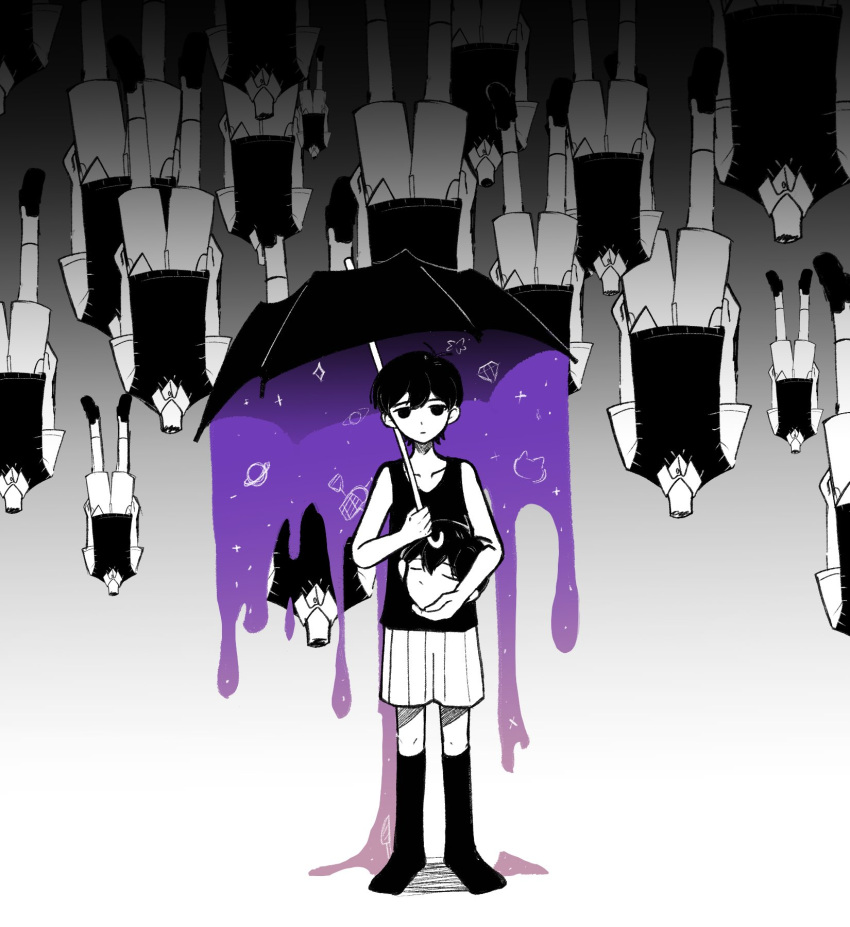 6+boys black_eyes black_footwear black_hair black_socks black_sweater_vest black_tank_top closed_mouth collarbone collared_shirt colored_skin decapitation expressionless highres holding holding_umbrella inksweater kneehighs loafers looking_at_viewer multiple_boys omori omori_(omori) shirt shoes short_hair short_sleeves socks standing sunny_(omori) sweater_vest tank_top umbrella white_skin