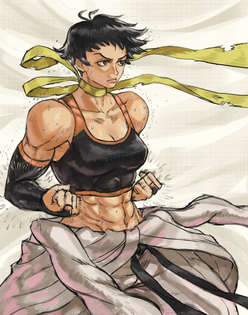 abs baggy_pants belt biceps black_belt black_gloves black_hair black_sports_bra breasts bridal_gauntlets brown_eyes choker cleavage clenched_hands clothes_around_waist commentary deltoids dougi elbow_gloves english_commentary female fighting_stance gloves highres karate karate_gi makoto_(street_fighter) martial_arts_belt medium_breasts mrduck_03 muscular muscular_female narrow_waist pants ribbon_choker serious short_hair solo sports_bra street_fighter street_fighter_iii_(series) sweat yellow_choker