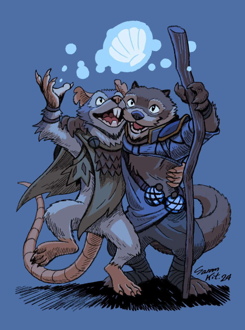 2024 4_fingers anthro biped blue_background clothed clothing duo fingers hasbro hi_res hug humanoid_hands magic magic:_the_gathering male mammal mature_male murid murine mustelid otter rat rodent saran_kit simple_background wizards_of_the_coast