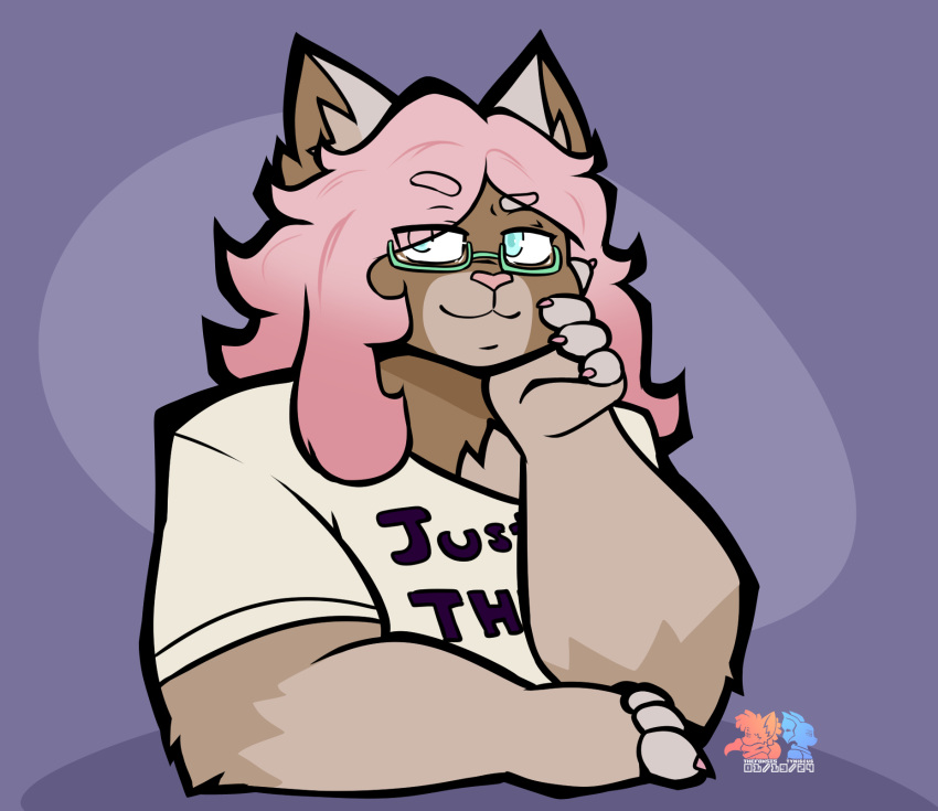 anthro brown_body brown_fur chest_tuft clothing domestic_cat envy_(softboienvy) eyewear felid feline felis fur game_theory glasses hair hi_res male mammal matpat meme meme_pose pink_hair ragdoll_cat shirt solo t-shirt text text_on_clothing text_on_shirt text_on_topwear thefoxsista topwear tuft