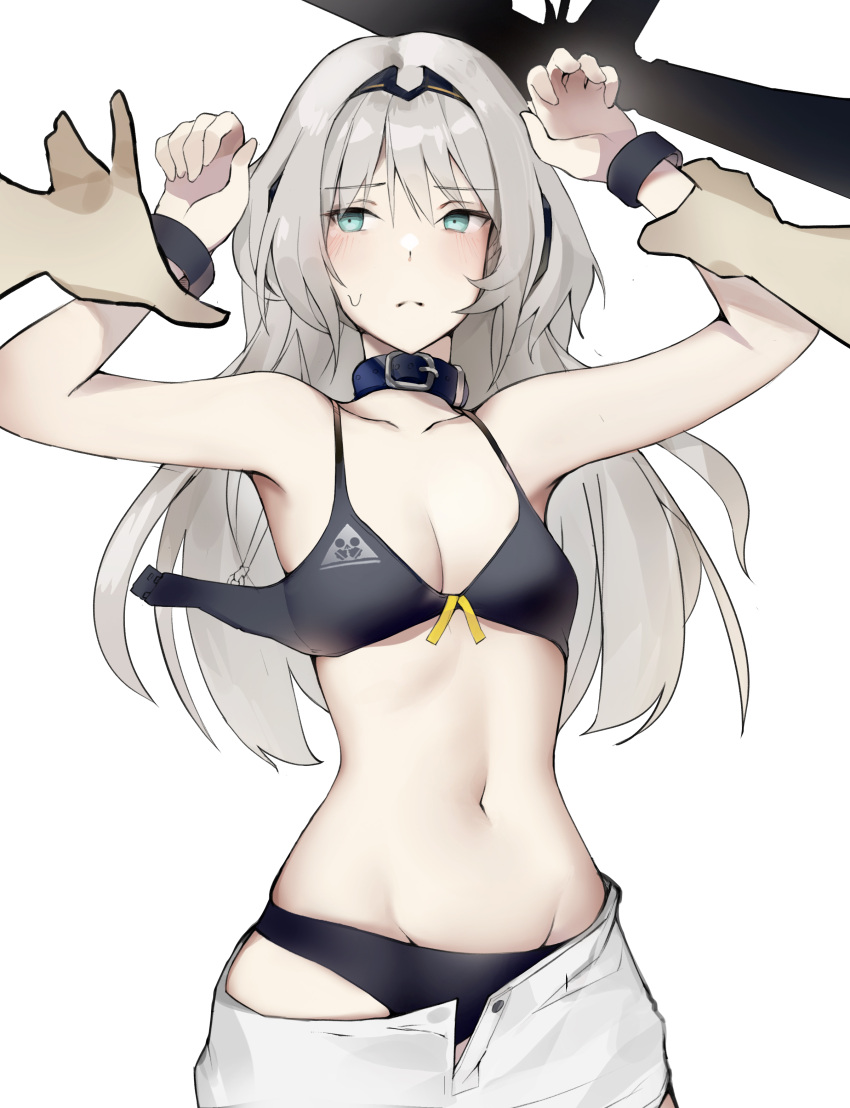 1boy absurdres an-94 an-94_(girls'_frontline) arm_grab arms_up assault_rifle black_bra black_collar black_panties blue_eyes blush bra breasts collar commentary coteri female frown girls'_frontline grey_hair gun hairband highres holding_another's_wrist long_hair looking_at_viewer navel open_bra open_fly panties pov pov_hands rifle shorts small_breasts solo underwear weapon