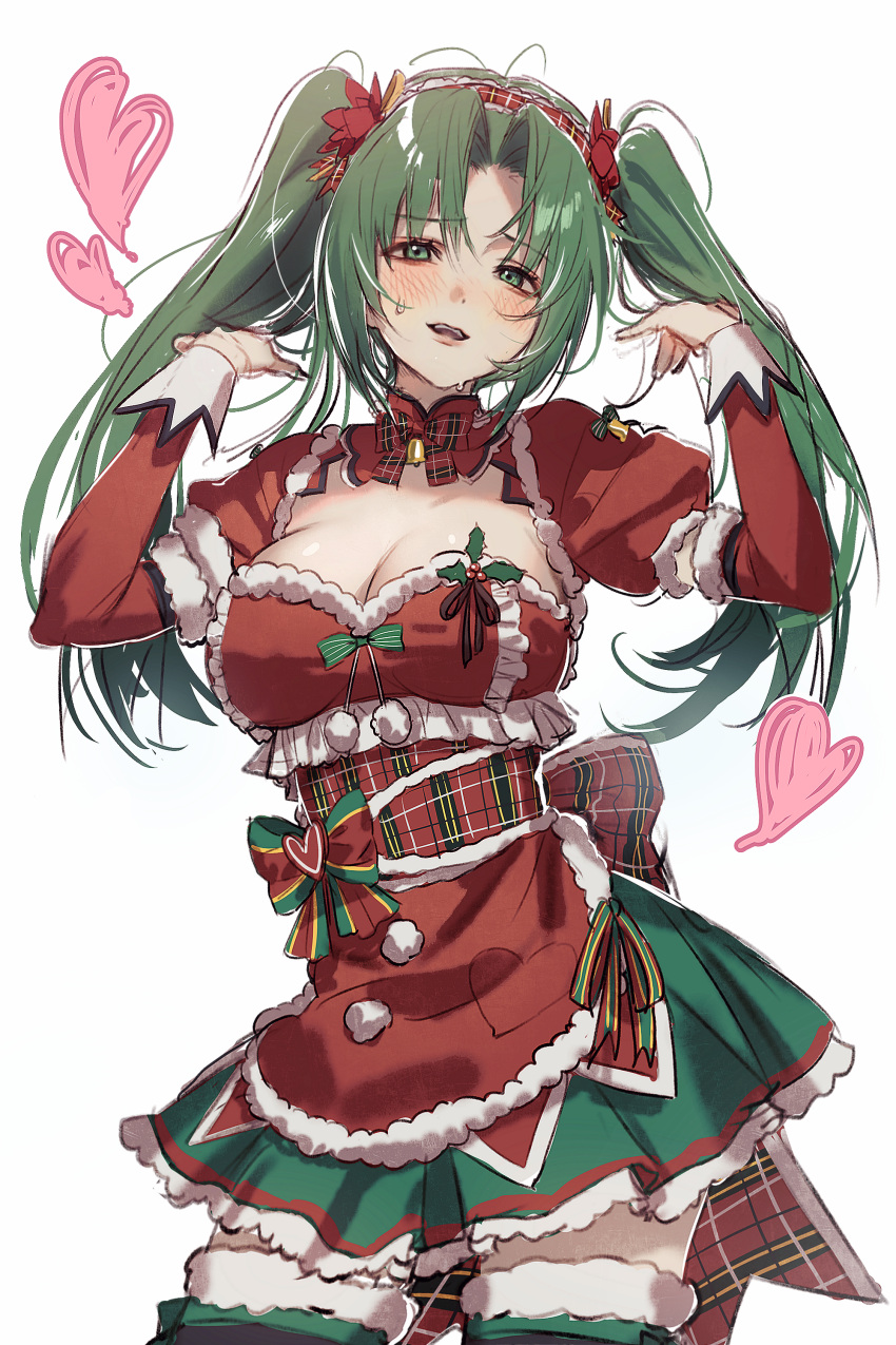 absurdres alternate_costume apron blush bow breasts bsgkstnals03 cleavage cowboy_shot detached_collar dress female fur_trim green_eyes green_hair hairband hands_in_own_hair heart highres higurashi_no_naku_koro_ni higurashi_no_naku_koro_ni_mei large_breasts looking_at_viewer official_alternate_costume official_alternate_hairstyle parted_bangs puffy_sleeves raised_eyebrows red_apron ribbon santa_dress sidelocks simple_background solo sonozaki_mion standing sweat thighhighs twintails white_background