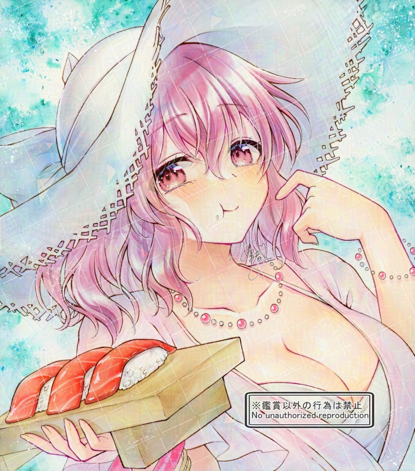 alto2019 breasts cleavage eating female food highres jewelry large_breasts looking_at_viewer necklace pink_eyes pink_hair saigyouji_yuyuko saigyouji_yuyuko_(seamless_swimsuit_ghost) smile solo sushi touhou touhou_lostword