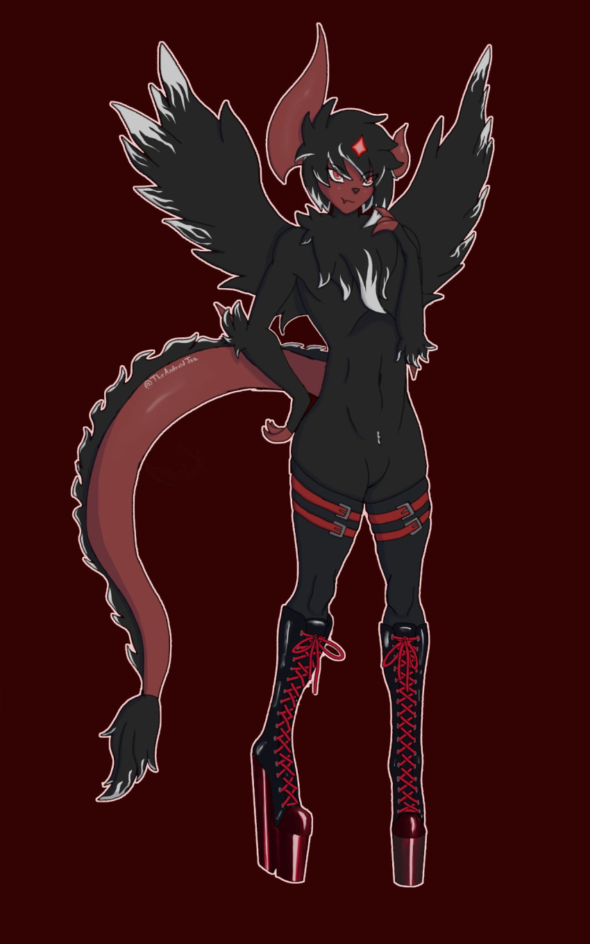 anthro black_body black_fur boots claws clothing dragon dyed_fur fangs femboy footwear fur generation_6_pokemon hi_res high_heeled_boots high_heels horn hybrid kalameet_(tundrazero) legwear male mega_absol mega_evolution mythological_creature mythological_scalie mythology nintendo pokemon pokemon_(species) red_body red_eyes scalie shiny_pokemon shoes slim small_waist solo tail teeth theandroidjoa thigh_highs wings