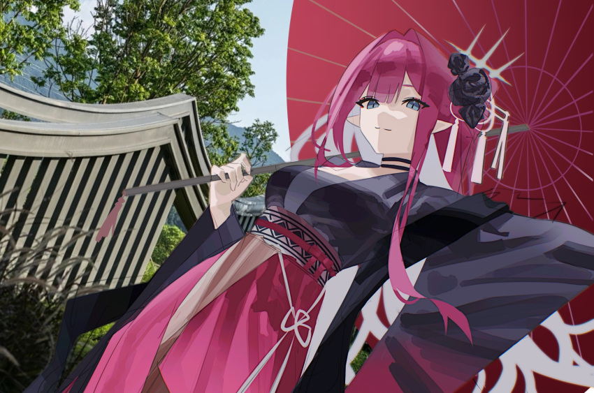 baobhan_sith_(dream_portrait)_(fate) baobhan_sith_(fate) black_flower black_kimono breasts choker e-razor fate/grand_order fate_(series) female flower grey_eyes hair_flower hair_ornament highres holding holding_umbrella japanese_clothes kimono long_hair looking_at_viewer oil-paper_umbrella photo_background pink_hair pointy_ears red_kimono red_umbrella sidelocks smile solo umbrella wide_sleeves