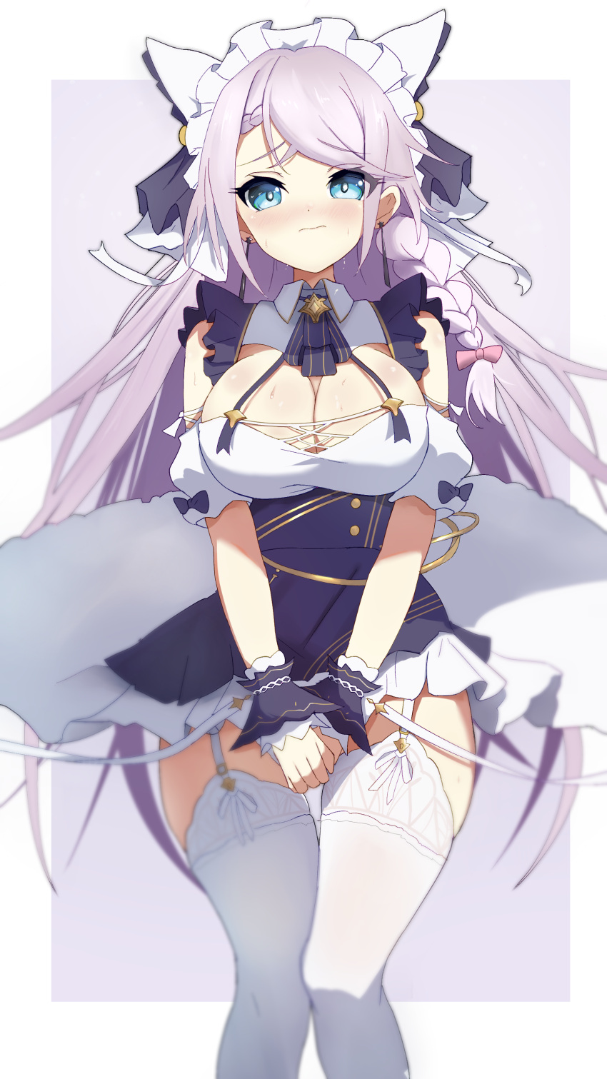 absurdres azur_lane breasts cheshire_(azur_lane) cheshire_(azur_lane)_(cosplay) cleavage commission cosplay female highres large_breasts legwear_garter long_hair looking_at_viewer maid_headdress pixiv_commission ryokuchabushi thighhighs vestal_(azur_lane) white_thighhighs