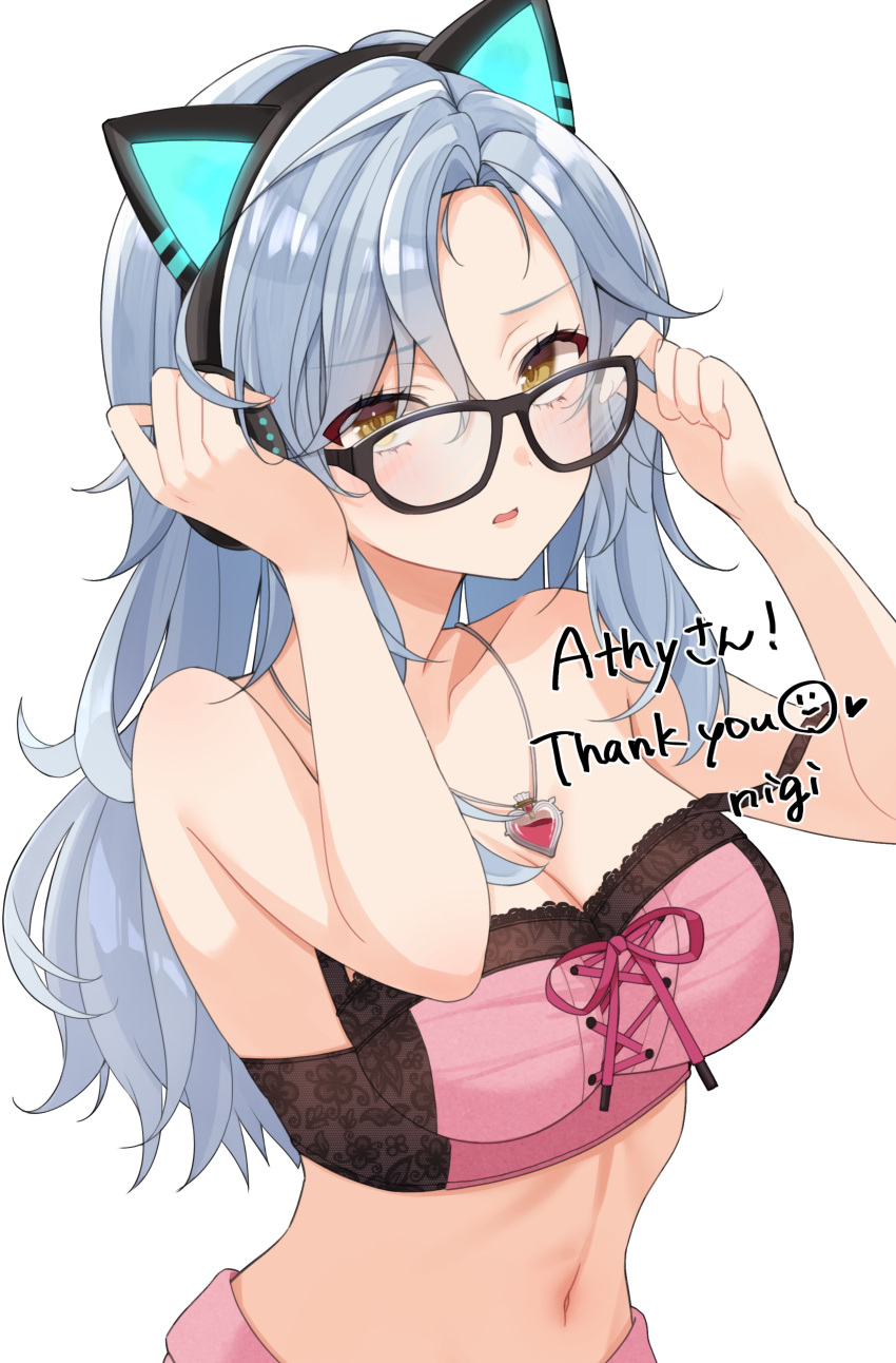 absurdres animal_ear_headphones animal_ears axent_wear bare_arms bare_shoulders black-framed_eyewear blush breasts cat_ear_headphones cleavage commission crop_top fake_animal_ears female glasses grey_hair hands_up headphones highres jewelry long_hair looking_at_viewer medium_breasts midriff mole mole_under_eye navel necklace nigi_(ngmnoym) original parted_bangs parted_lips pink_shirt shirt simple_background skeb_commission sleeveless sleeveless_shirt solo spaghetti_strap stomach strap_slip upper_body white_background yellow_eyes