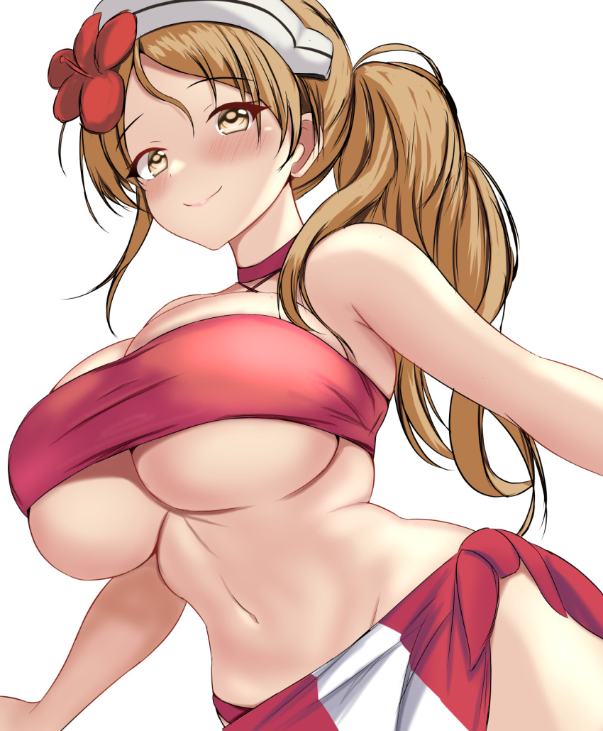 bare_arms bikini blush breasts brown_eyes brown_hair choker cleavage closed_mouth commentary_request female flower hair_between_eyes hair_flower hair_ornament hibiscus highres kantai_collection large_breasts littorio_(kancolle) littorio_(swimsuit_mode)_(kancolle) long_hair looking_at_viewer montemasa navel ponytail red_bikini red_choker red_sarong red_tube_top sarong simple_background smile solo standing strapless swimsuit tube_top twitter_username underboob wavy_hair white_background