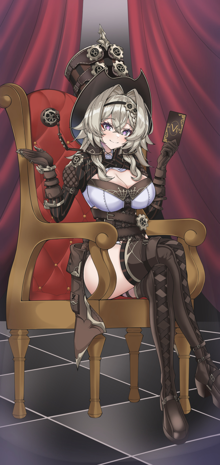 absurdres boots breasts brown_corset brown_footwear brown_gloves brown_hair brown_hat brown_shorts card cleavage corset crossed_legs female gloves hair_between_eyes hair_intakes hat high_heel_boots high_heels highres holding holding_card honkai_(series) honkai_impact_3rd indoors large_breasts looking_at_viewer medium_hair on_chair red_curtains shorts smile solo thighs tile_floor tiles top_hat tor_ai vill-v