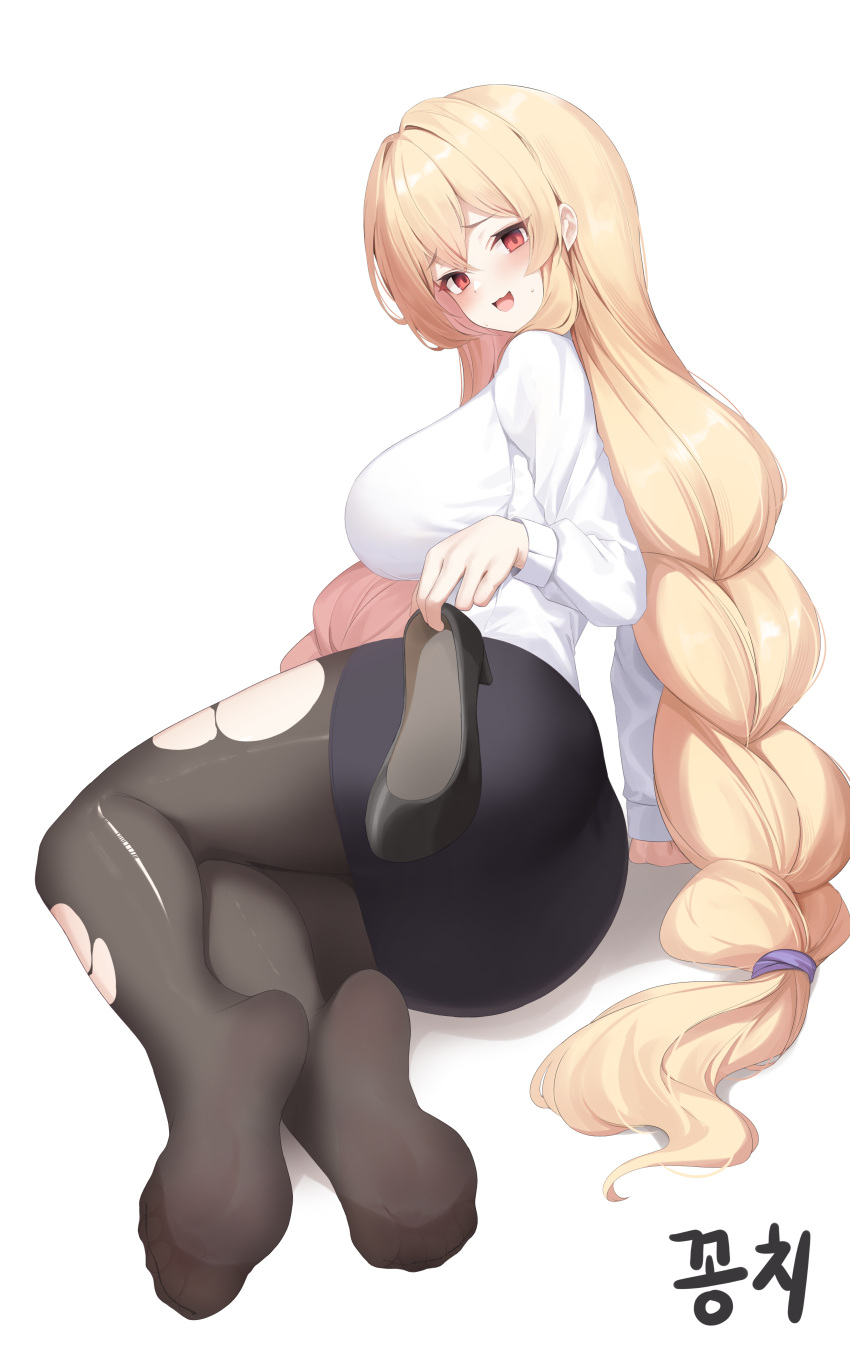 absurdres ass black_skirt black_thighhighs blonde_hair braid breasts commentary_request commission feet female from_behind hair_ornament highres holding holding_footwear holding_unworn_clothes korean_commentary large_breasts long_hair long_sleeves looking_at_viewer looking_back miniskirt no_shoes original pencil_skirt pharamacom red_eyes second-party_source shirt sitting skirt soles solo sweatdrop thighhighs torn_clothes torn_thighhighs twin_braids twintails very_long_hair white_shirt yokozuwari