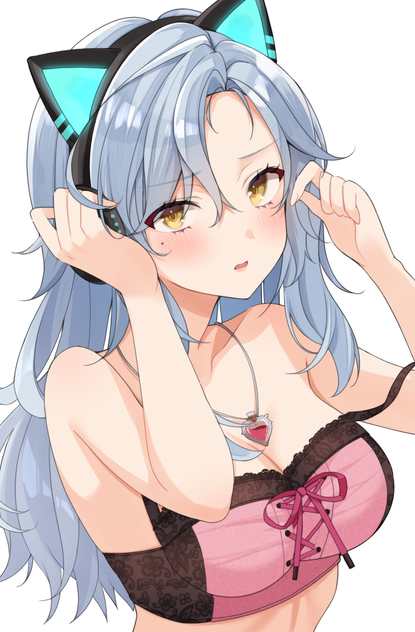 absurdres animal_ear_headphones animal_ears axent_wear bare_arms bare_shoulders blush breasts cat_ear_headphones cleavage commission crop_top fake_animal_ears female grey_hair hands_up headphones highres jewelry long_hair looking_at_viewer medium_breasts mole mole_under_eye necklace nigi_(ngmnoym) original parted_bangs parted_lips pink_shirt shirt simple_background skeb_commission sleeveless sleeveless_shirt solo spaghetti_strap strap_slip upper_body white_background yellow_eyes