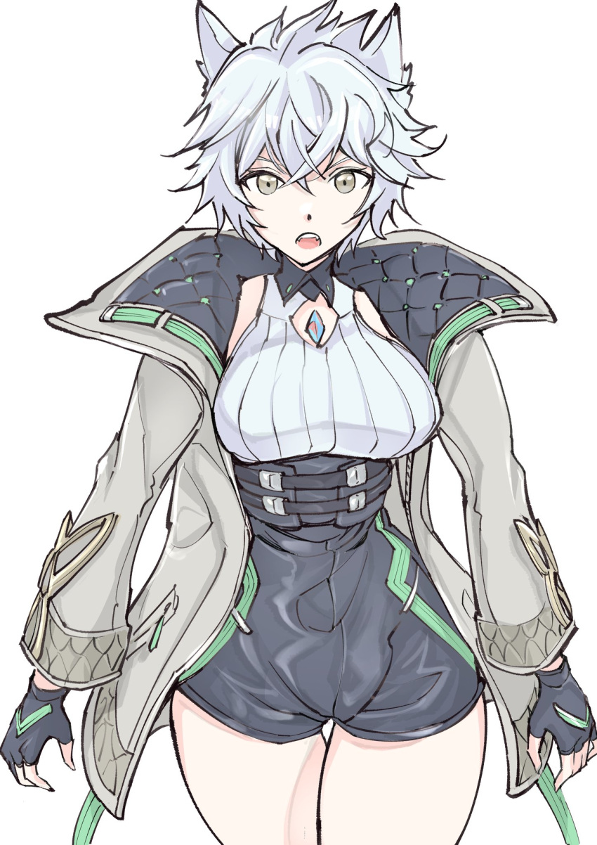 animal_ears breasts cat_ears cat_girl chest_jewel clothing_cutout core_crystal_(xenoblade) crystal diamond_cutout female fingerless_gloves gloves high-waist_shorts highres large_breasts looking_at_viewer messy_hair na'el_(xenoblade) romper short_hair short_shorts shorts simple_background solo thighhighs thighs ug333333 xenoblade_chronicles_(series) xenoblade_chronicles_3 xenoblade_chronicles_3:_future_redeemed yellow_eyes