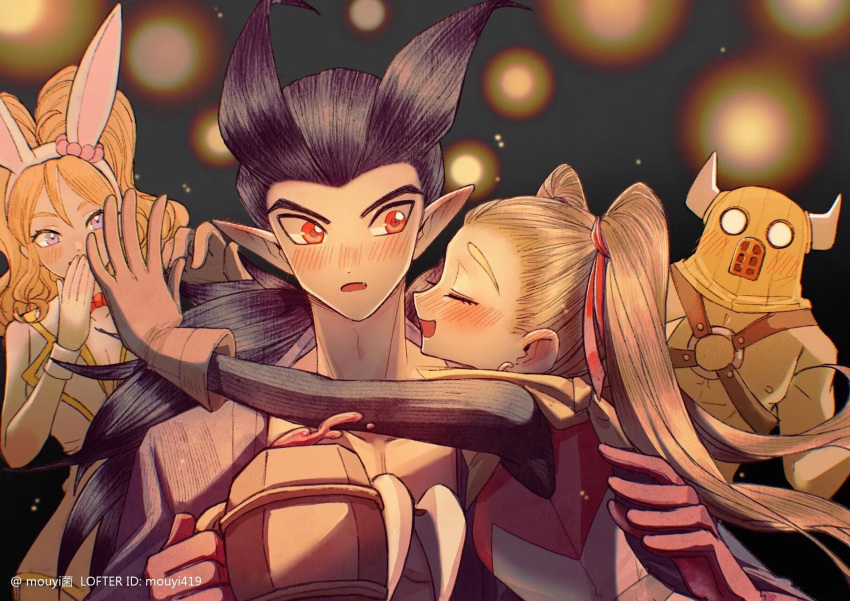 2boys 2girls alcohol animal_ears antenna_hair artist_name black_hair black_sleeves blonde_hair blush bone_necklace breasts brown_gloves chest_harness cleavage closed_eyes commentary covering_own_mouth cup curly_hair dragon_quest dragon_quest_builders_2 drunk earrings fake_animal_ears female_builder_(dqb2) gloves hair_pulled_back hair_ribbon hand_over_own_mouth harness hashtag-only_commentary high_ponytail highres holding holding_cup horned_mask imminent_hug jewelry large_breasts lofter_username looking_at_another mask miruzu_(dqb2) mouyi multiple_boys multiple_girls muscular muscular_male necklace nontraditional_playboy_bunny open_mouth orange_hair pero_(dqb2) pointy_ears purple_eyes purple_shirt rabbit_ears red_eyes red_gloves red_ribbon ribbon shirt sidoh_(dqb2) sleeveless sleeveless_shirt spiked_hair symbol-only_commentary tooth_necklace twintails wide-eyed wrist_cuffs