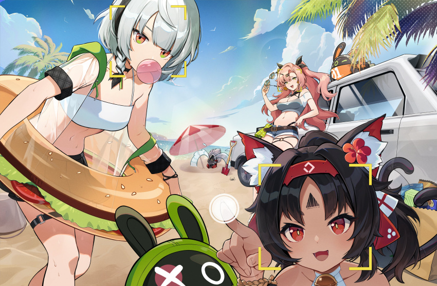 1boy 3girls :d absurdres anby_demara animal_ears bangboo_(zenless_zone_zero) bare_shoulders beach bikini billy_kid black_hair blue_shorts blue_sky breasts bubble car cat_ears cat_girl cat_tail character_request check_character chewing_gum cleavage cloud crab crying day eous_(zenless_zone_zero) fingernails futa_(nabezoko) grey_bikini highres holding holding_removed_eyewear holding_swim_ring innertube leaning_against_vehicle looking_at_viewer medium_breasts motor_vehicle multiple_girls multiple_tails nekomiya_mana nicole_demara o-ring orange_eyes outdoors palm_tree partially_buried pink_hair red_eyes see-through semi-rimless_eyewear short_shorts shorts shovel simple_bird sky smile ssong990 stomach streaming_tears swim_ring swimsuit tail tears teeth thigh_strap tree two_tails unworn_eyewear upper_teeth_only white_bikini white_hair yellow_eyes zenless_zone_zero