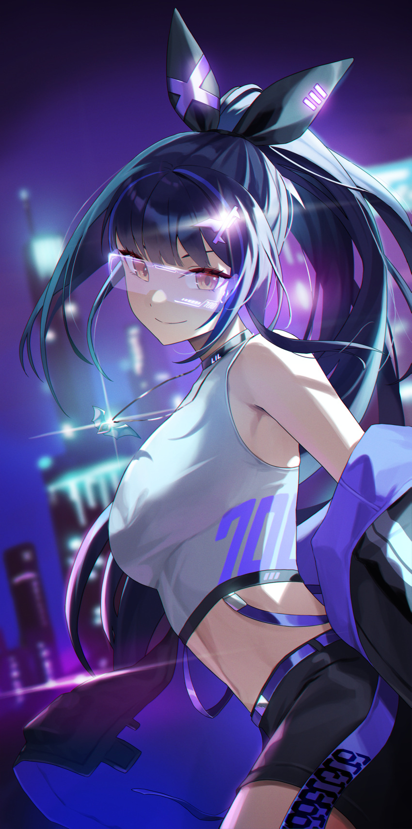 absurdres bare_shoulders black_hair black_jacket black_ribbon commentary crop_top female hair_ribbon highres jacket lilpa long_hair looking_at_viewer midriff nasol off_shoulder orange_eyes ribbon shirt sleeveless sleeveless_shirt smile solo very_long_hair waktaverse white_shirt