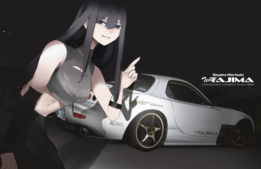 absurdres black_hair black_pants black_sleeves blue_eyes car character_name crop_top detached_sleeves english_text female hair_between_eyes highres holeecrab license_plate long_hair looking_at_viewer mazda mazda_rx-7 morisaki_sayaka motor_vehicle navel night night_sky original outdoors pants shadow sky solo sports_car standing