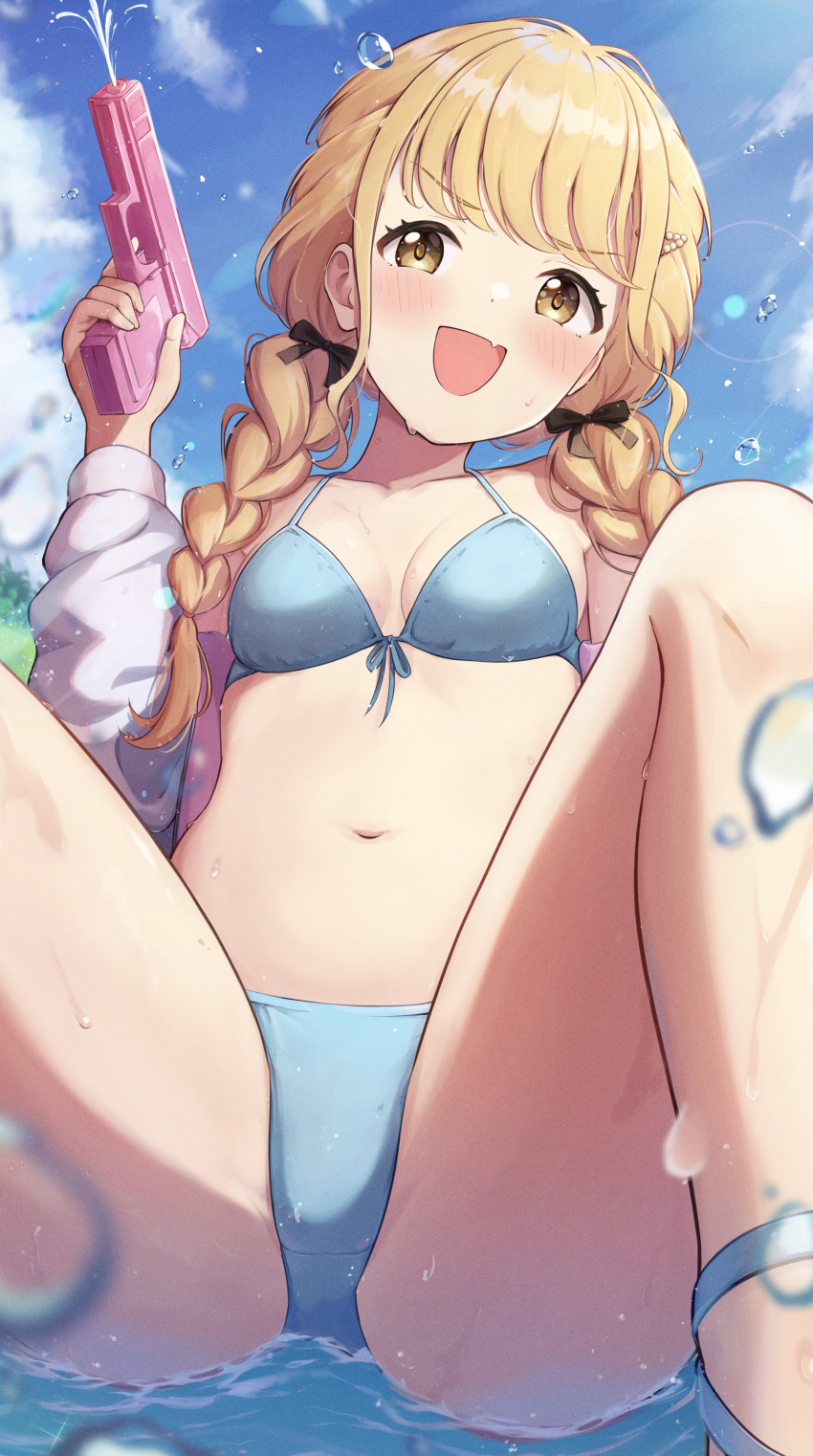 absurdres bikini black_ribbon blonde_hair blue_bikini braid breasts female fujita_kotone gakuen_idolmaster hair_ribbon highres holding holding_water_gun idolmaster jacket long_hair masuku_(saint_mask) navel oerba_yun_fang ribbon sitting skin_fang small_breasts smile solo stomach swimsuit twin_braids water water_gun white_jacket yellow_eyes