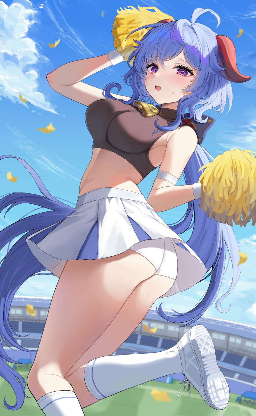 absurdres alternate_costume armband armpit_crease ass bell blue_hair blue_sky breasts cheerleader commentary crop_top female foot_out_of_frame ganyu_(genshin_impact) genshin_impact goat_horns highres horns kuuhaku_(wutt5584) large_breasts long_hair looking_at_viewer looking_back miniskirt neck_bell open_mouth outdoors panties pom_pom_(cheerleading) purple_eyes shoe_soles shoes sidelocks skirt sky socks solo stadium sweatdrop symbol-only_commentary underwear very_long_hair white_armband white_footwear white_panties white_skirt white_socks