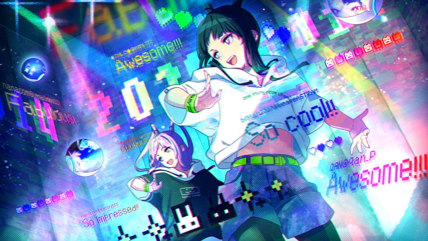 2girls :d absurdres akroglam belt black_hair black_hoodie blue_shorts commentary_request dancing disco_ball drawstring english_text green_belt highres hood hood_down hoodie lena_(akroglam) long_hair midriff multiple_girls natsuharu nina_(akroglam) official_art open_mouth second-party_source shorts smile standing white_hoodie wristband