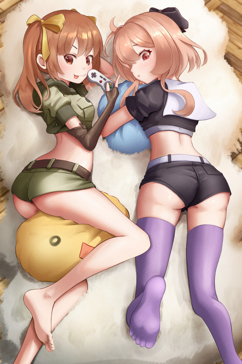 2girls ahoge ass bare_legs barefoot bernie_(brown_dust) between_legs black_jacket black_ribbon black_shorts blush brown_dust_2 brown_eyes brown_gloves brown_hair controller cropped_jacket eyebrows_hidden_by_hair feet foot_out_of_frame game_controller gloves green_jacket green_shorts hair_between_eyes hair_ribbon highres holding holding_controller holding_game_controller jacket kneepits legs lying multiple_girls no_shoes on_side on_stomach open_mouth partially_fingerless_gloves pillow purple_thighhighs red_eyes ribbon rigenette_(brown_dust) rug scopedog_12 short_shorts shorts smile soles thighhighs toes tongue tongue_out yellow_ribbon