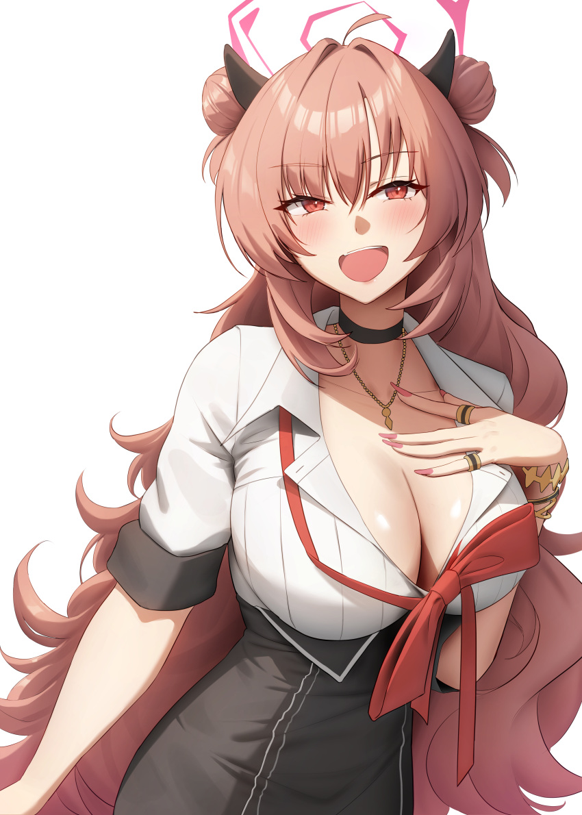 :d absurdres black_choker blue_archive blush bracelet breasts choker cleavage commentary double_bun female gileu hair_bun halo hand_on_own_chest highres horns huge_breasts jewelry kirara_(blue_archive) long_hair looking_at_viewer necklace open_mouth pink_hair pink_halo red_eyes shirt simple_background smile solo white_background white_shirt