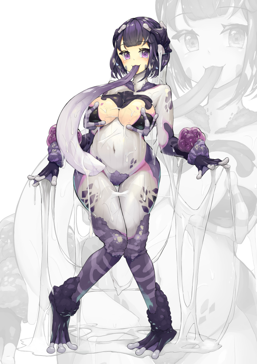 absurdres arms_at_sides colored_skin female frog_girl full_body hair_ornament highres light_blush long_tongue looking_at_viewer monster_girl mucus multicolored_skin navel original purple_eyes purple_hair purple_skin shitoi_(aqua1487) short_hair smile solo standing suggestive_fluid tongue tongue_out very_long_tongue webbed_feet webbed_hands white_background white_skin zoom_layer