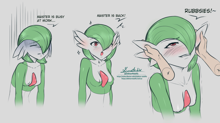 aroused biting_own_lip breasts disembodied_hand doktor_malefic english_text female gardevoir green_hair grey_background hair_over_one_eye highres pokemon pokemon_(creature) red_eyes rubbing_ears sequential short_hair simple_background smile upper_body