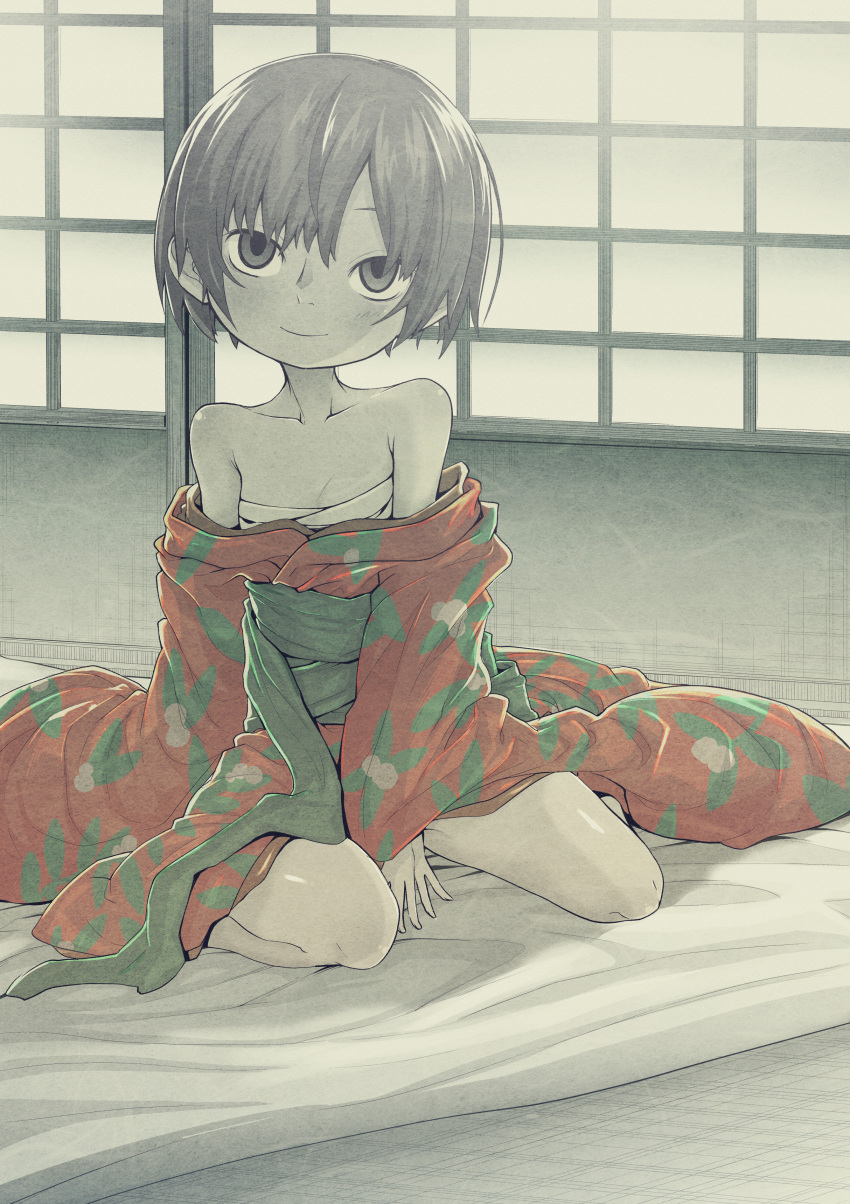 absurdres chest_sarashi commentary_request female flat_chest green_eyes grey_hair highres indoors japanese_clothes kimono looking_at_viewer mushishi obaka off_shoulder print_kimono red_kimono renzu_(mushishi) sarashi short_hair sitting sliding_doors smile solo