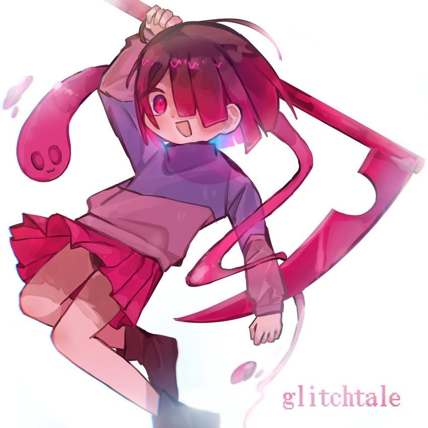 akumu_(glitchtale) arm_up bete_noire black_panties boots brown_footwear dande_lion2604 female glitchtale gradient_hair highres holding holding_scythe multicolored_hair open_mouth panties pantyshot pink_eyes pink_hair pink_skirt pink_sweater pleated_skirt purple_sweater scythe simple_background skirt smile solo sweater undertale underwear white_background