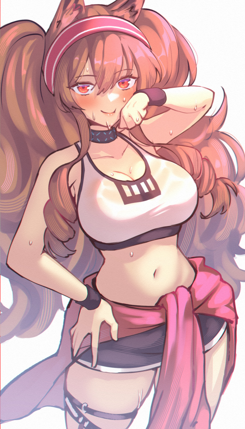 absurdres angelina_(arknights) animal_ears arknights black_choker black_shorts blush breasts brown_hair choker cleavage commentary cowboy_shot crop_top female fox_ears hairband hand_on_own_hip highres infection_monitor_(arknights) large_breasts long_hair looking_at_viewer midriff navel red_eyes red_hairband sher_(imnotsher) short_shorts shorts sidelocks simple_background solo sports_bra standing stomach sweat thigh_strap thighs twintails very_long_hair white_background wristband