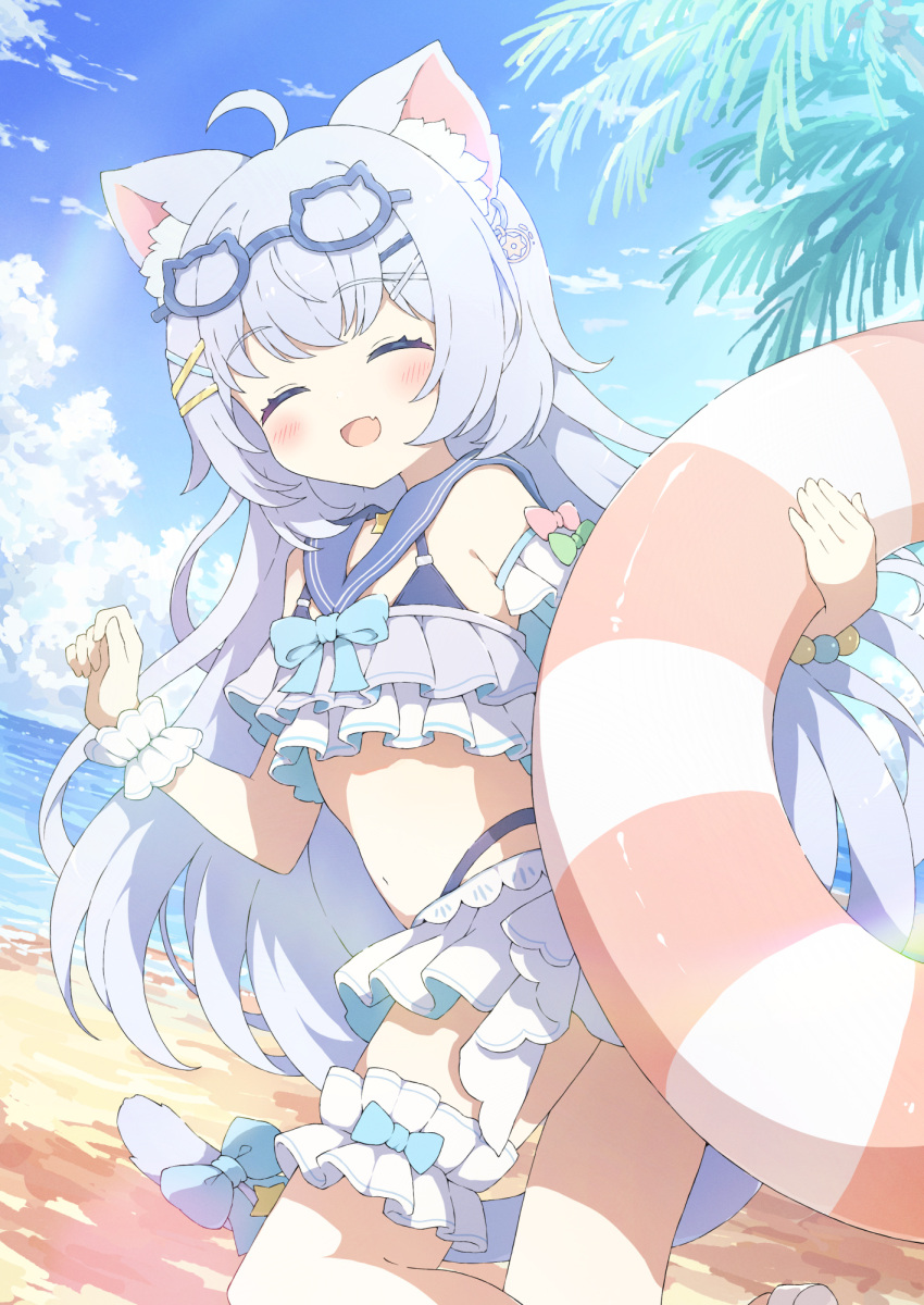 an_meng_meng_(vtuber) beach blue_hair blue_sky cat-shaped_eyewear cat_tail closed_eyes commission female hair_ornament hairclip highres indie_virtual_youtuber long_hair ocean open_mouth outdoors skeb_commission sky smile swim_ring swimsuit tail tyomimas variant_set very_long_hair x_hair_ornament