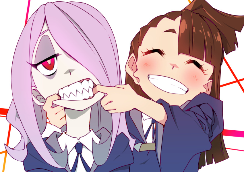 2girls blue_neckwear blunt_bangs brown_hair closed_eyes collar commentary enoki-kou eyeshadow fingersmile forced_smile hair_over_one_eye half-closed_eyes kagari_atsuko little_witch_academia long_hair luna_nova_school_uniform makeup multiple_girls purple_hair red_eyes school_uniform sharp_teeth smile sucy_manbavaran teeth upper_body white_background wide_sleeves