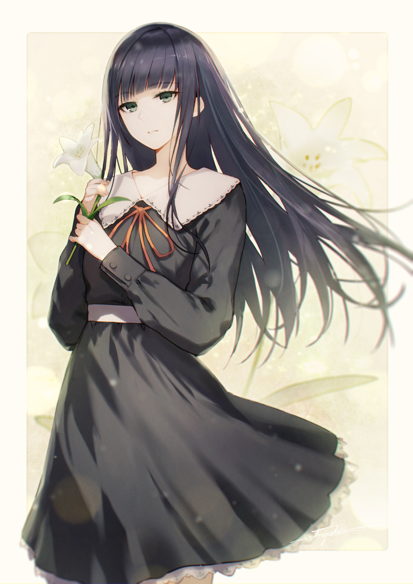 absurdres black_dress black_hair commission cowboy_shot dress female floating_hair floral_background flower flowers_(innocent_grey) fuyuno_yuuki green_eyes highres holding holding_flower lily_(flower) long_hair orange_ribbon parted_lips pixiv_commission ribbon school_uniform shirahane_suou solo